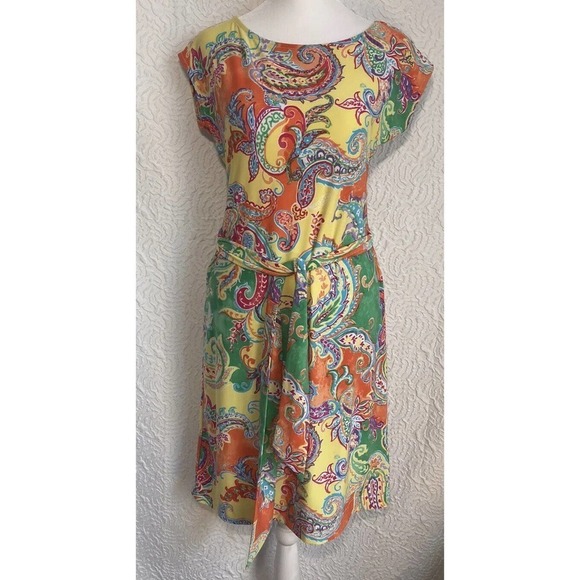 RALPH LAUREN Stretch Paisley Midi Short Sleeve Colorful Dress Size Petite Small - Picture 7 of 9
